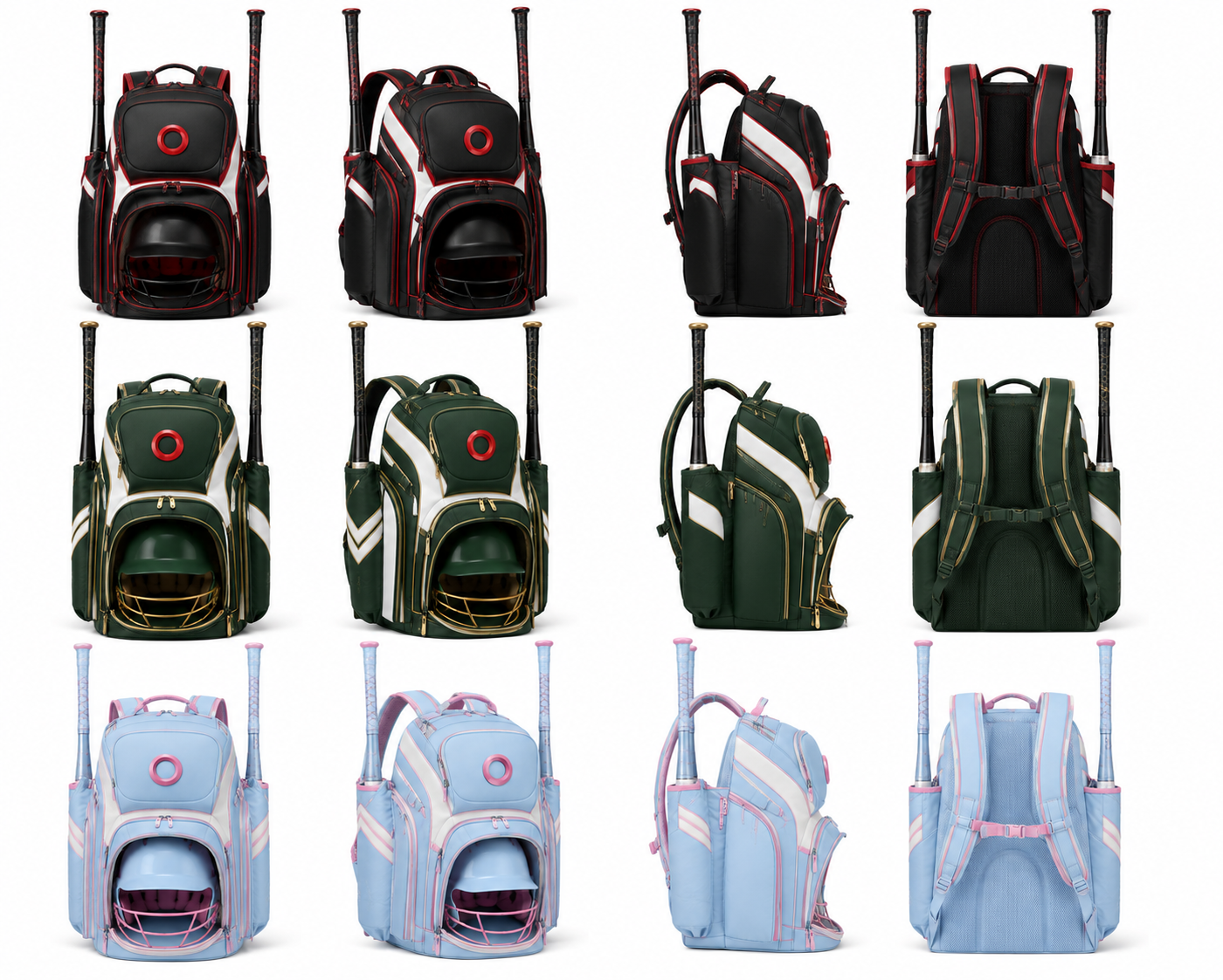 BULLNORD premium baseball backpacks in three colorways — black/red, forest/gold, and sky/pink