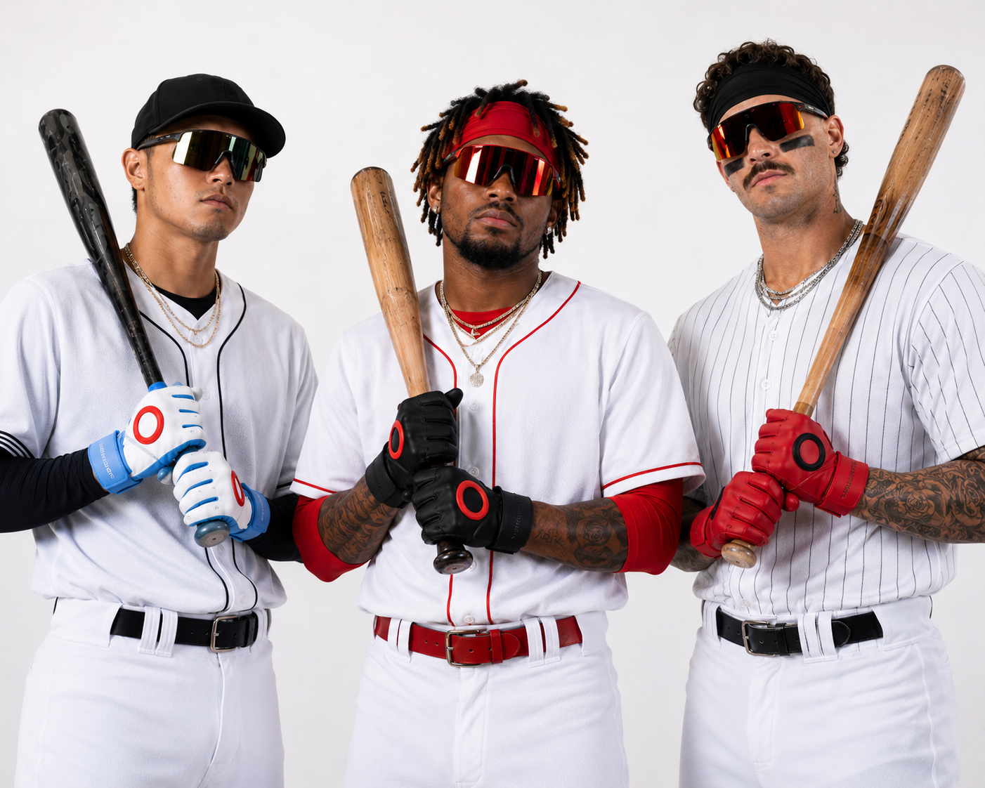 Three pro-level athletes wearing BULLNORD batting gloves