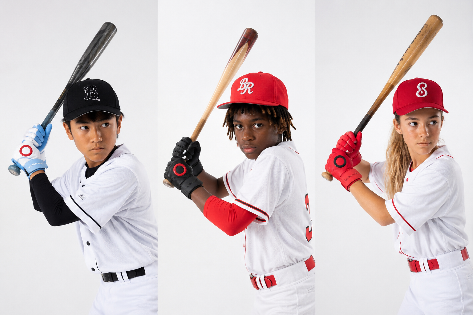 Three young BULLNORD athletes in batting stance
